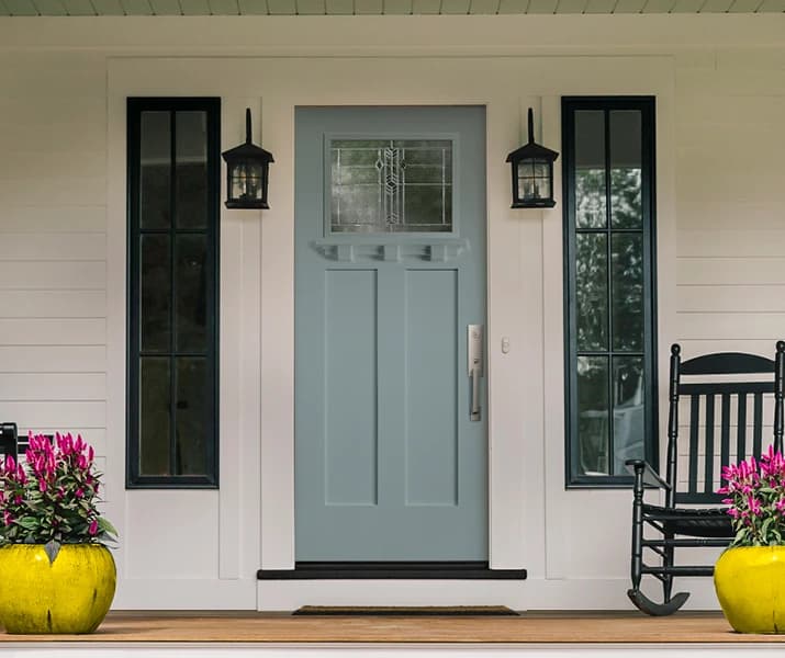 New craftsman style fiberglass entry door with sidelights on a Fort Wayne home